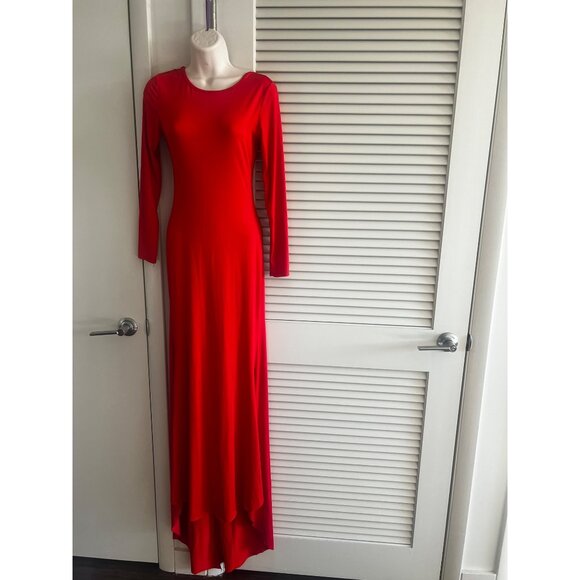 Red Long-Sleeve Backless Criss-Cross Stretchy Mermaid Gown With Elegant Floor-Le - Picture 3 of 7